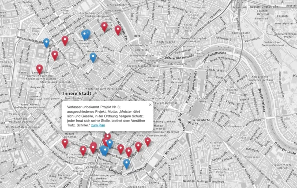 Heutiger Plan von der Innenstadt von Wien mit eingezeichneten Markern, die für die Rathausplatzierungen beim Stadterweiterungswettbewerb von 1858 stehen. Die Karte ist grau mit roten und blauen Markern, bei einem ist ein Pop-Up mit der Beschreibung geöffnet.