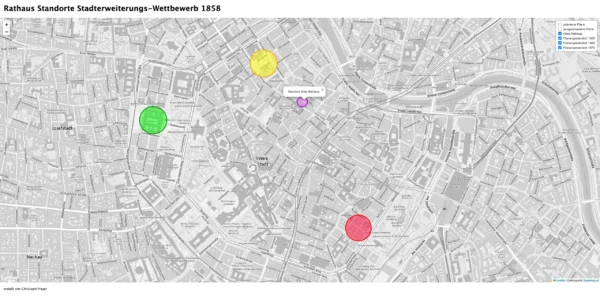 Plan von der Innenstadt Wiens in Graustufen mit färbig eingezeichneten Kreisflächen, die für die geplanten Standorte des damals neu zu erbauenden Rathauses stehen.
