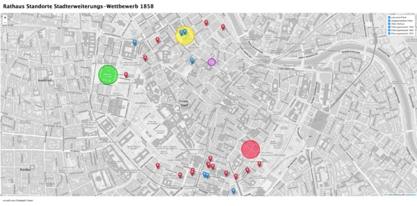 Plan der Wiener Innenstadt in Grautönen mit eingezeichneten Markern für die verschiedenen Standorte des Wiener Rathauses nach den Wettbewerbsplanungen von 1858 und den eingezeichneten Standorten für das neu zu erbauende Rathaus nach dem Wettbewerb von 1858 bis zum heutigen Standort
